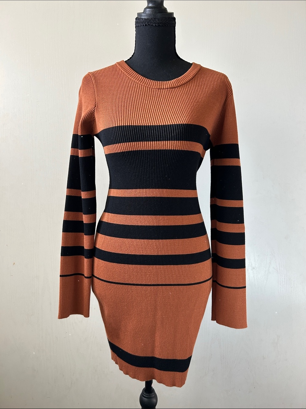 Lulu's Thankful For You Black & Brown Striped Ribbed Knit Sweater Dress